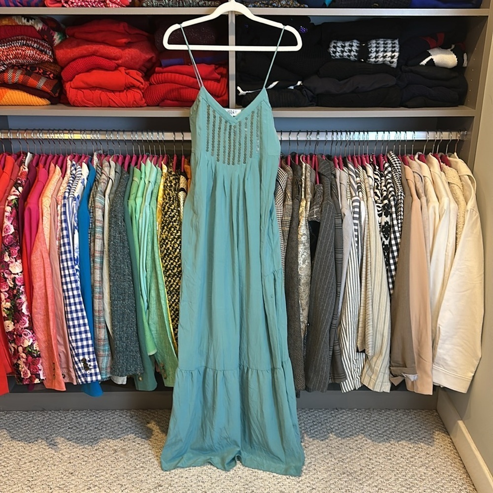 Tibi sage spaghetti strap side zipper pleated embellished maxi dress size 4